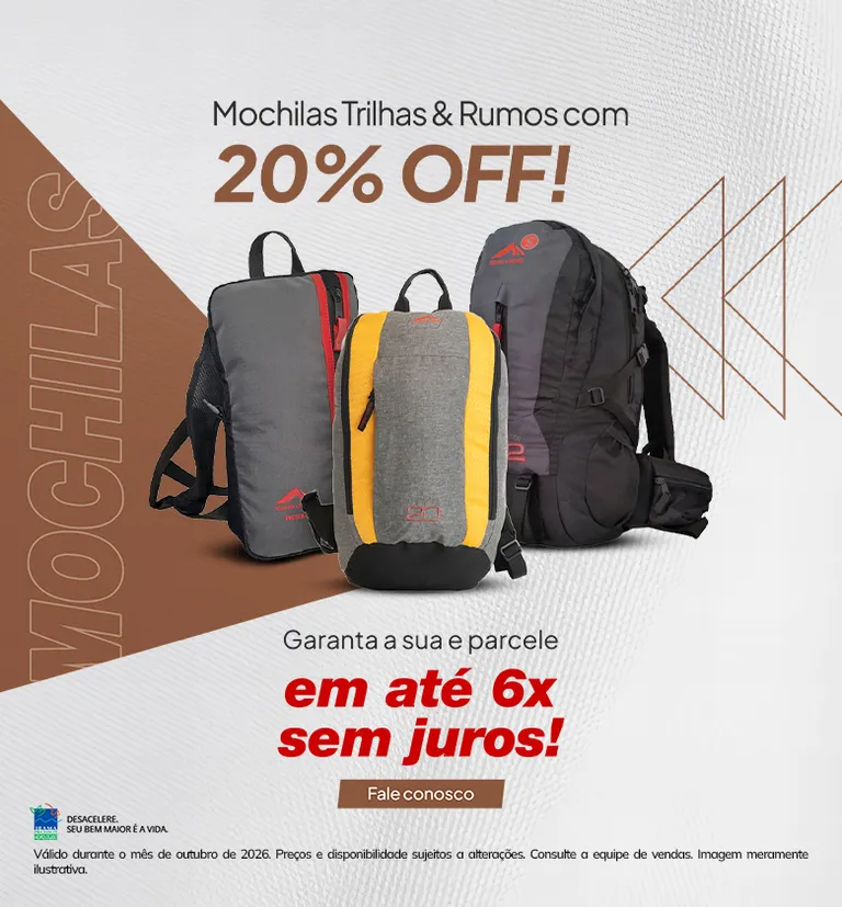 Mochilas trilhas e rumos, desconto, parcela